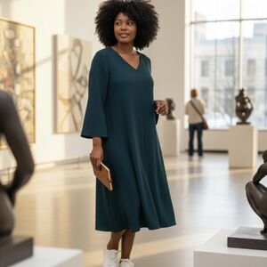 Vtg David Warren Long Sleeve Evergreen Crepe Fit And Flare Plus Size Dress Sz 16